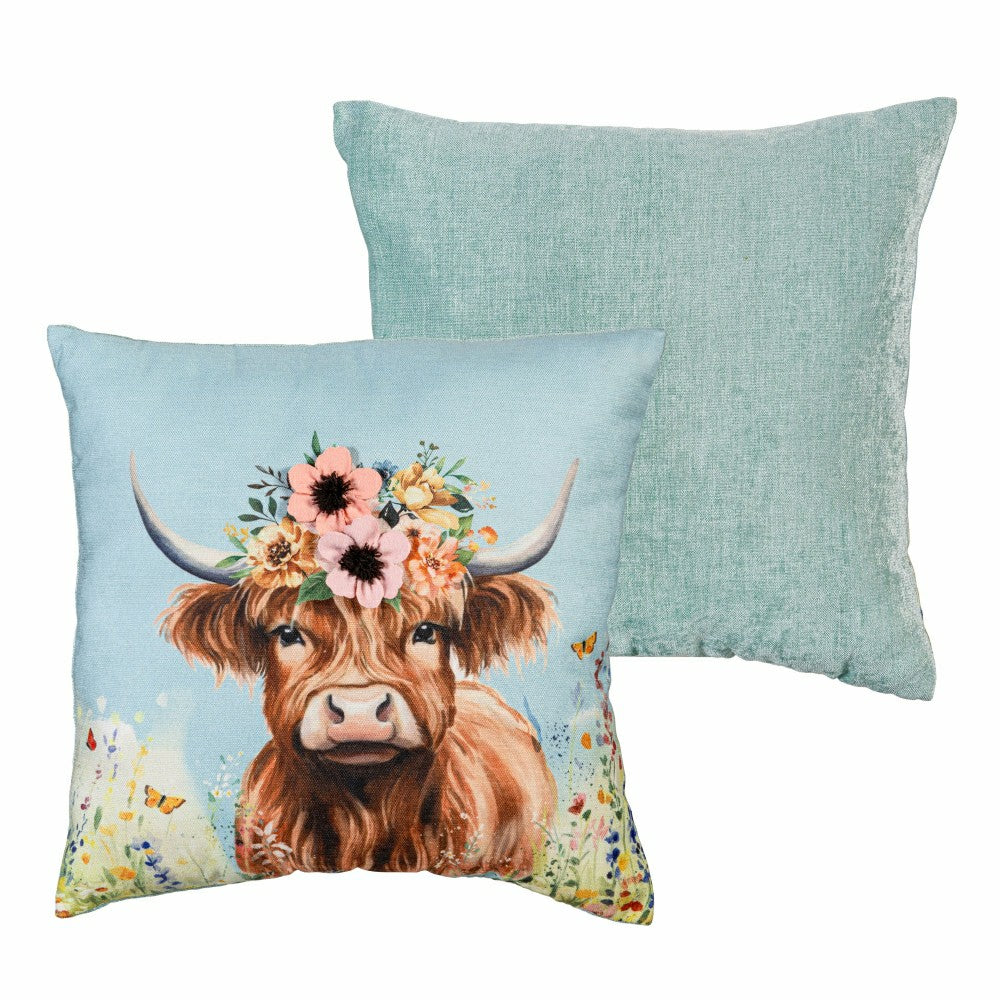 Plow & Hearth Hillside Pasture Throw Pillow Square Farm Highland Cow, 16"