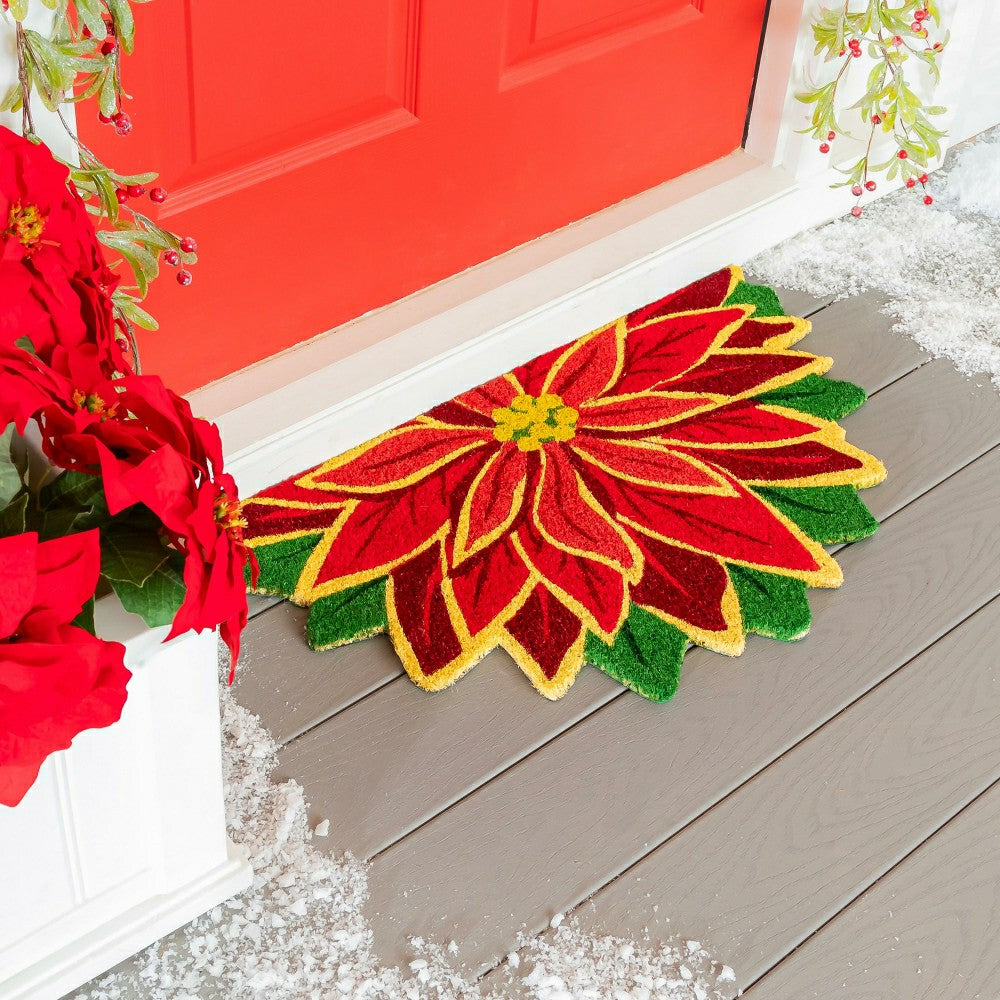 Plow & Hearth Welcome Poinsettia Shaped Coir Mat