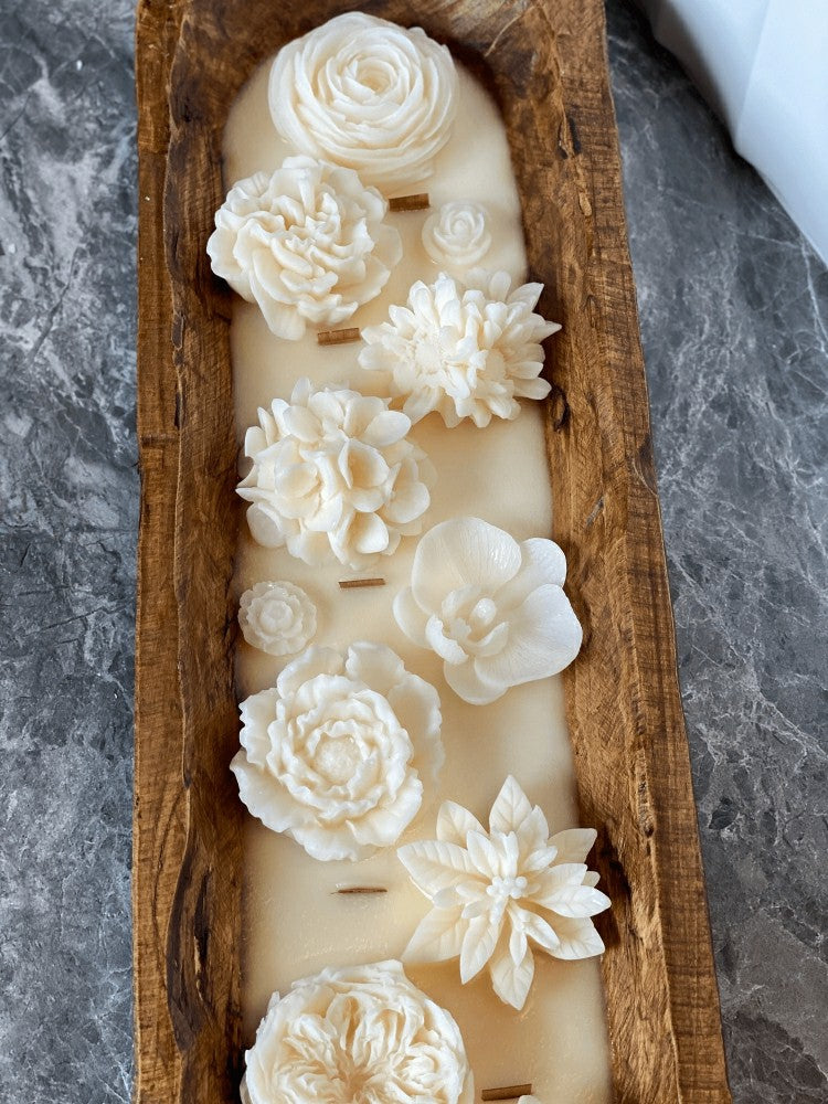 Plow & Hearth Four Seasons Floral Wooden Dough Bowl Candle