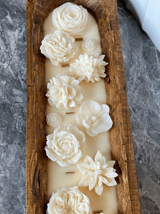 Plow & Hearth Four Seasons Floral Wooden Dough Bowl Candle