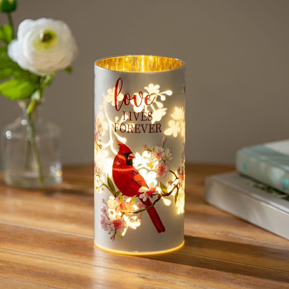 Plow & Hearth Memorial LED Table Decor Glass Lasercut Cardinal "Love Lives Forever,
