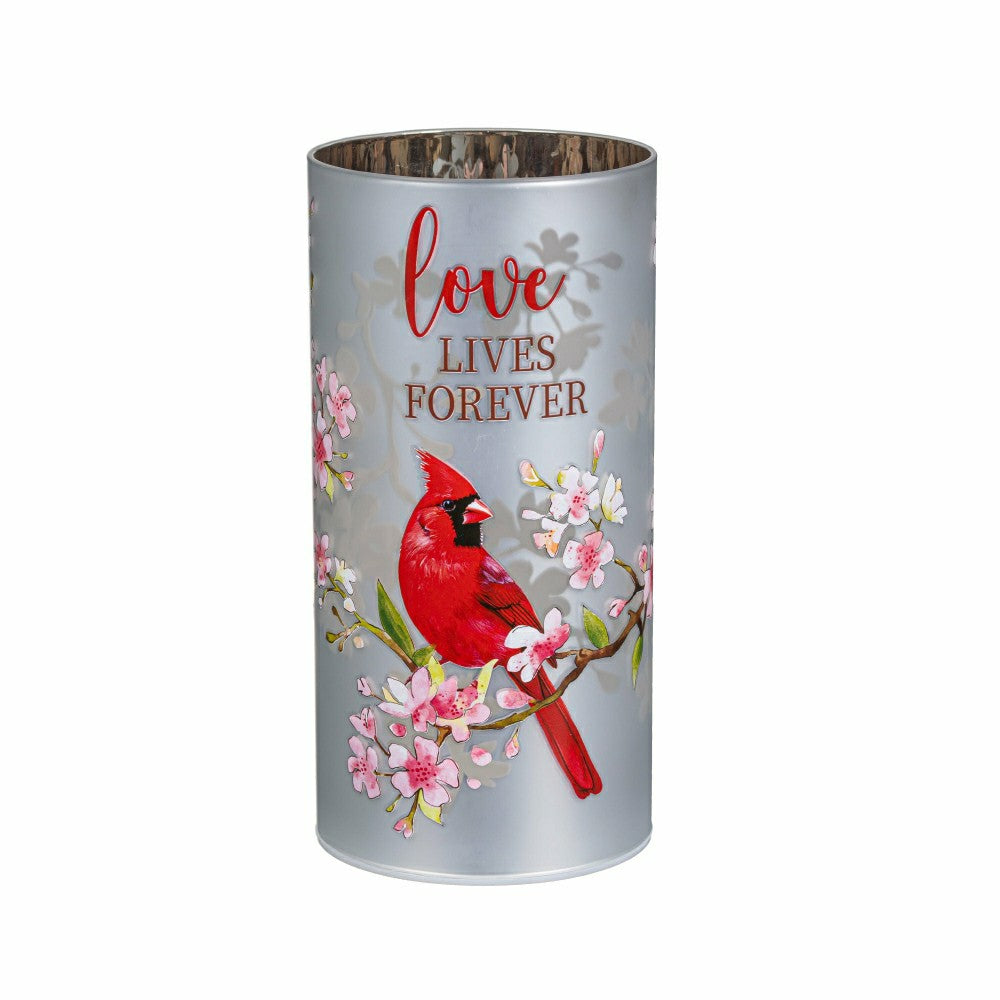 Plow & Hearth Memorial LED Table Decor Glass Lasercut Cardinal "Love Lives Forever,