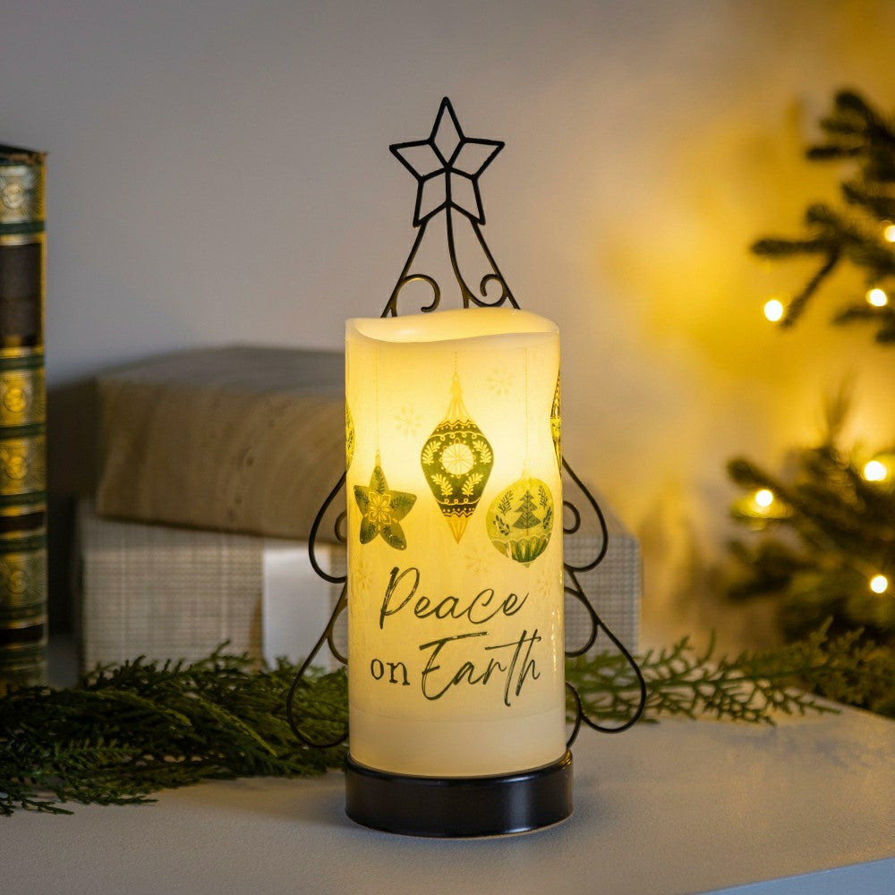 Plow & Hearth Shades of Emerald LED Table Decor Wax Flicker Light Candle with Metal