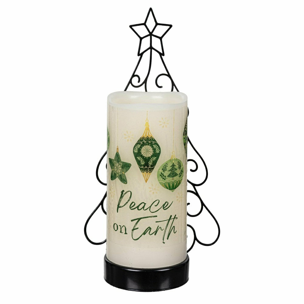 Plow & Hearth Shades of Emerald LED Table Decor Wax Flicker Light Candle with Metal