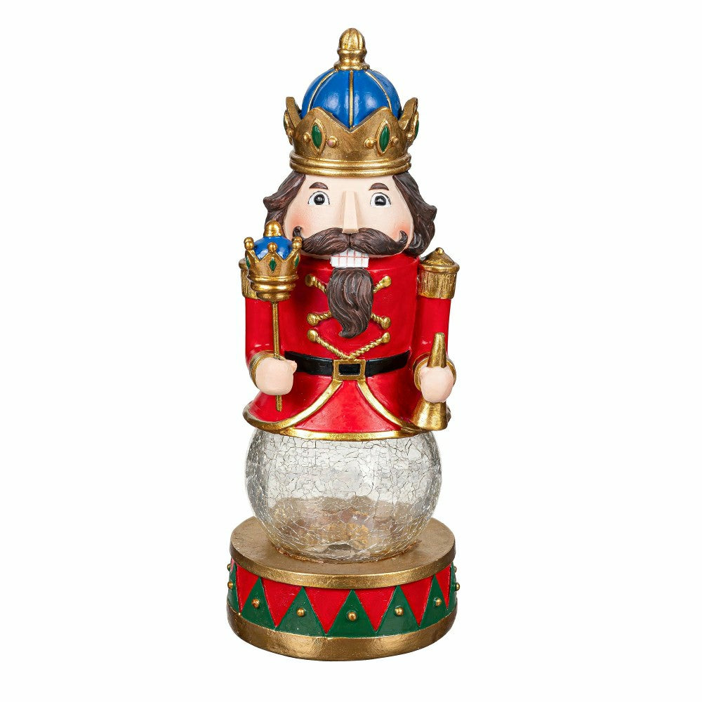 Plow & Hearth Joyful Traditions LED Table Decor Resin Nutcracker with Crackle Glass