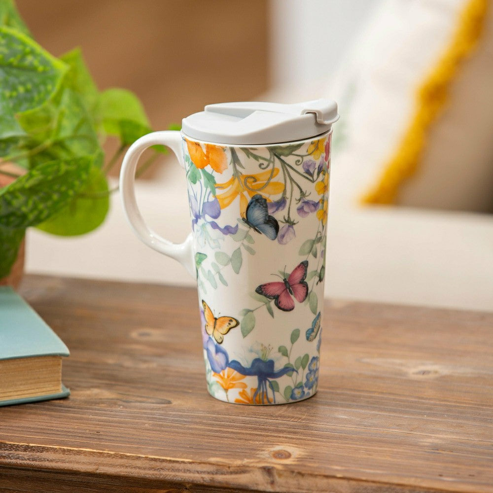 Plow & Hearth Ceramic Travel Cup, 17 OZ. ,w/box, Cottage Meadows