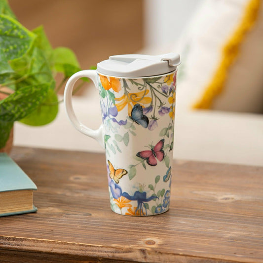 Plow & Hearth Ceramic Travel Cup, 17 OZ. ,w/box, Cottage Meadows