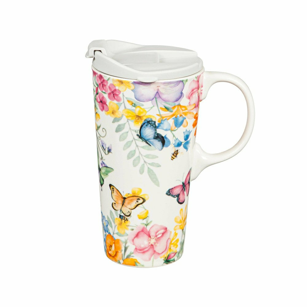 Plow & Hearth Ceramic Travel Cup, 17 OZ. ,w/box, Cottage Meadows