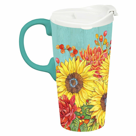 Plow & Hearth Ceramic Perfect Travel Cup, 17oz, w/ Gift Box, Sunflower Bouquets