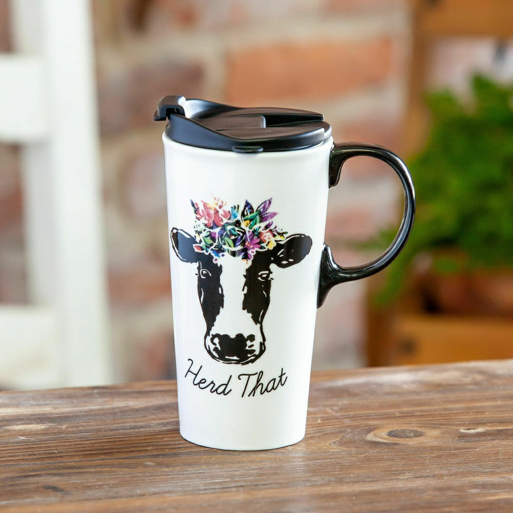Plow & Hearth Hillside Pasture Travel Cup Ceramic Perfect Cup, Herd That, 17oz, Gift