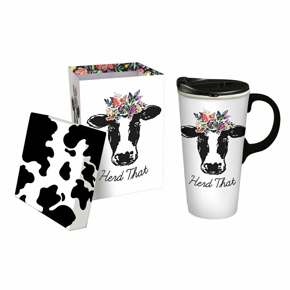 Plow & Hearth Hillside Pasture Travel Cup Ceramic Perfect Cup, Herd That, 17oz, Gift