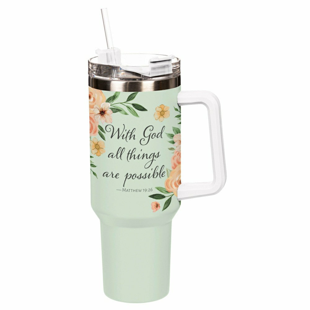 Plow & Hearth Simple Blessings Tumbler Stainless Steel Trenta Cup, With God all thin