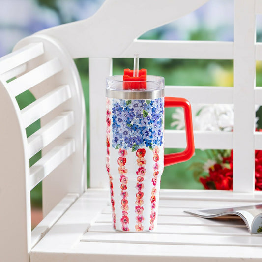 Plow & Hearth Red White & Bloom Tumbler Stainless Steel Trenta Cup, Floral Flag, 30o