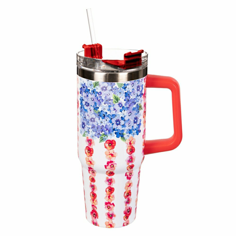 Plow & Hearth Red White & Bloom Tumbler Stainless Steel Trenta Cup, Floral Flag, 30o