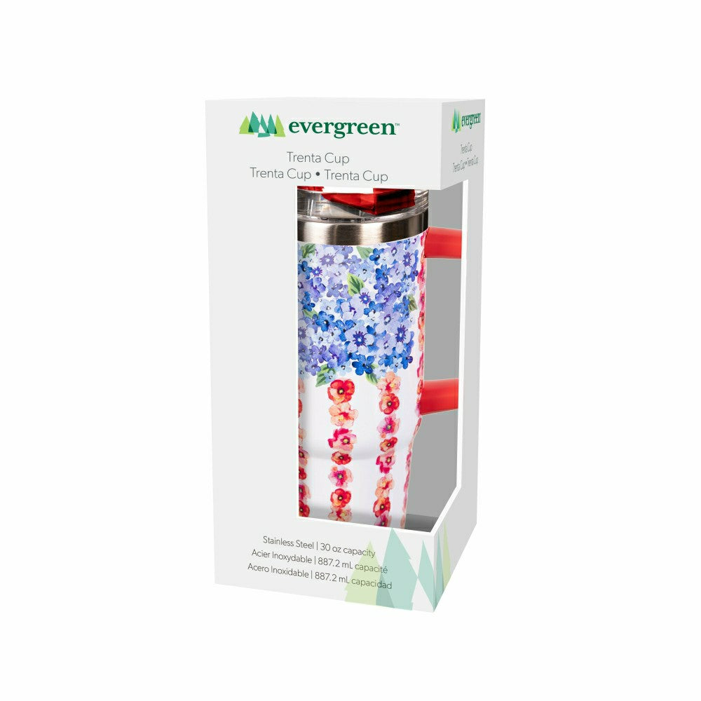 Plow & Hearth Red White & Bloom Tumbler Stainless Steel Trenta Cup, Floral Flag, 30o