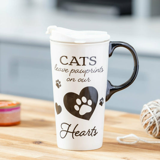 Plow & Hearth Memorial Pet Travel Cup Ceramic Perfect Cup, “CATS", 17oz, Gift Box