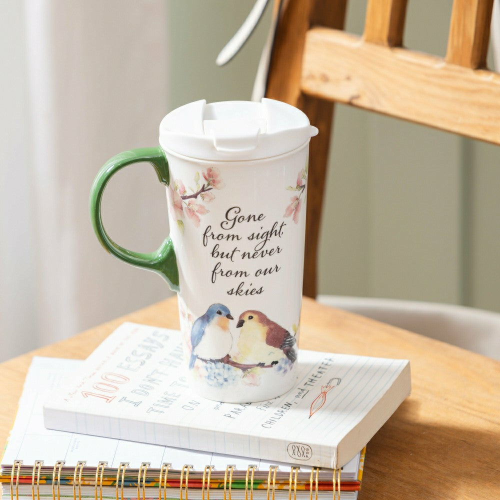 Plow & Hearth Memorial Travel Cup Ceramic Perfect Cup, Birds, Gone from sight, 17oz,