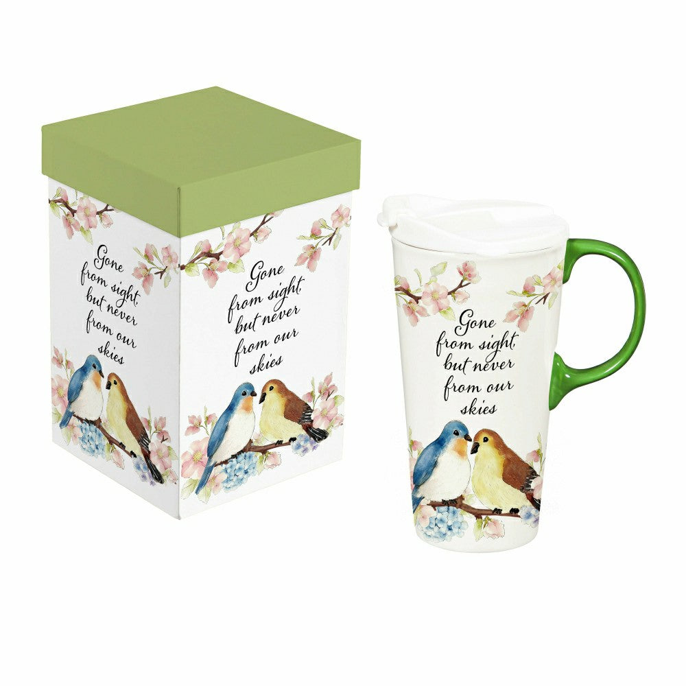 Plow & Hearth Memorial Travel Cup Ceramic Perfect Cup, Birds, Gone from sight, 17oz,