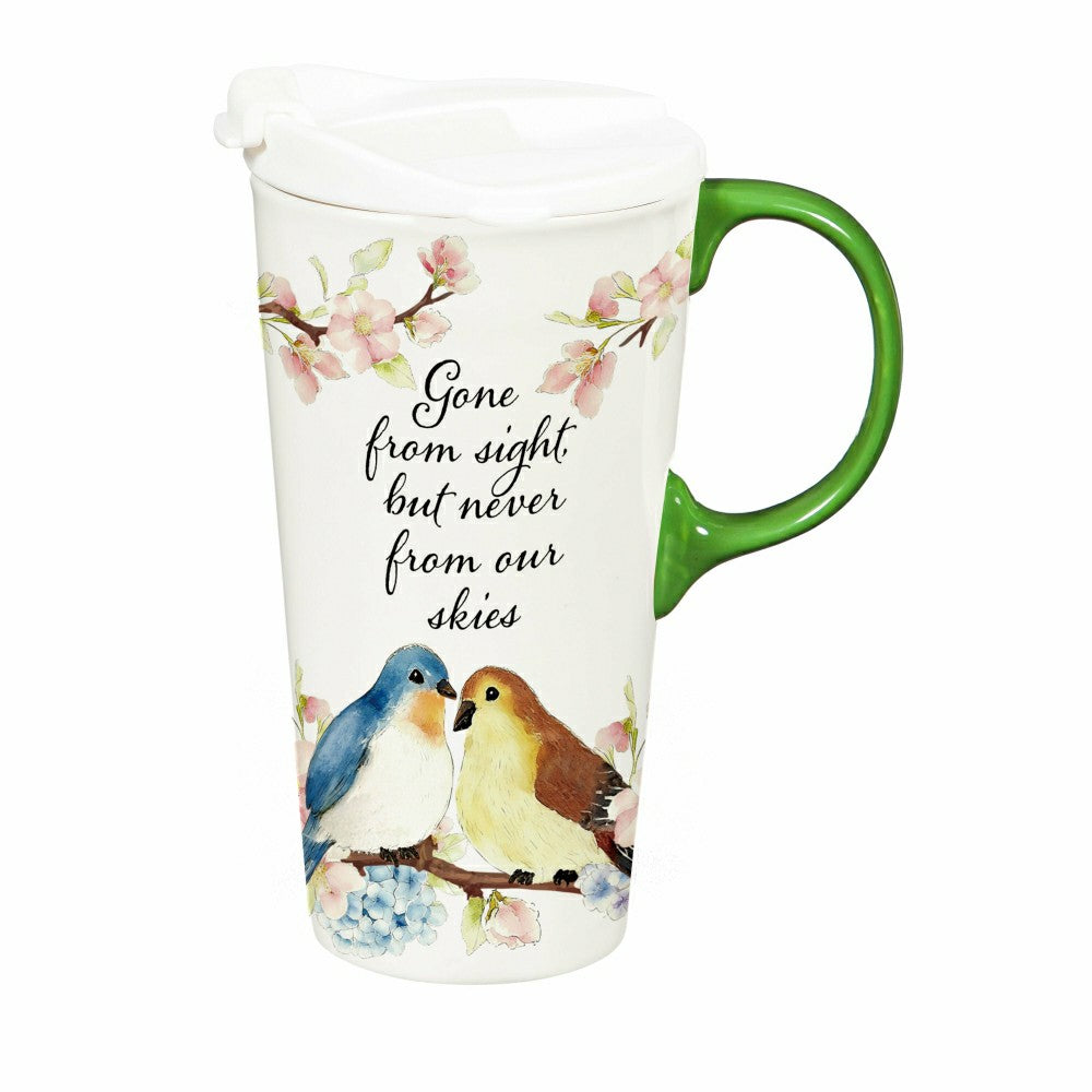Plow & Hearth Memorial Travel Cup Ceramic Perfect Cup, Birds, Gone from sight, 17oz,
