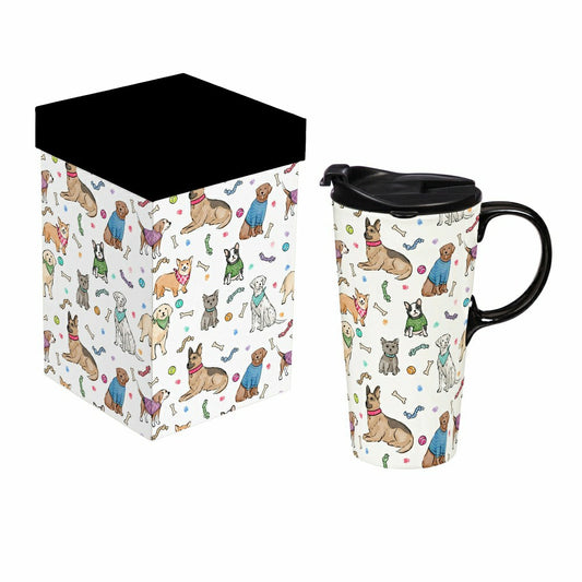 Plow & Hearth Hillside Pasture Travel Cup, Ceramic Perfect Cup, Dogs, 17oz, Gift Box