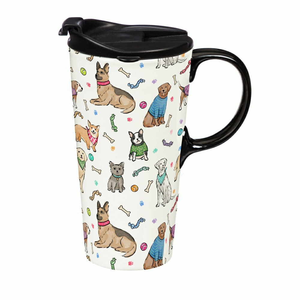 Plow & Hearth Hillside Pasture Travel Cup, Ceramic Perfect Cup, Dogs, 17oz, Gift Box