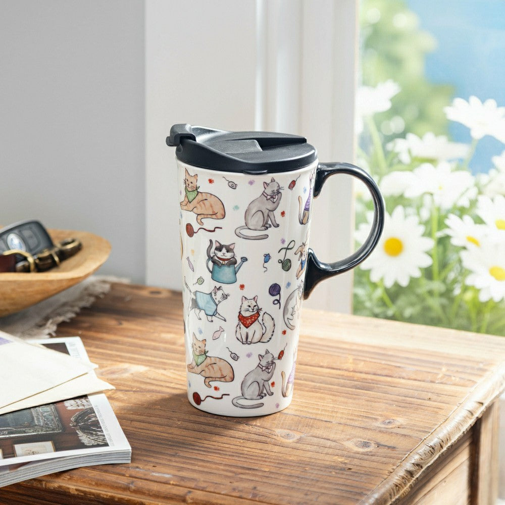 Plow & Hearth Hillside Pasture Pet Travel Cup Ceramic Perfect Cup, Cats Playing, 17o