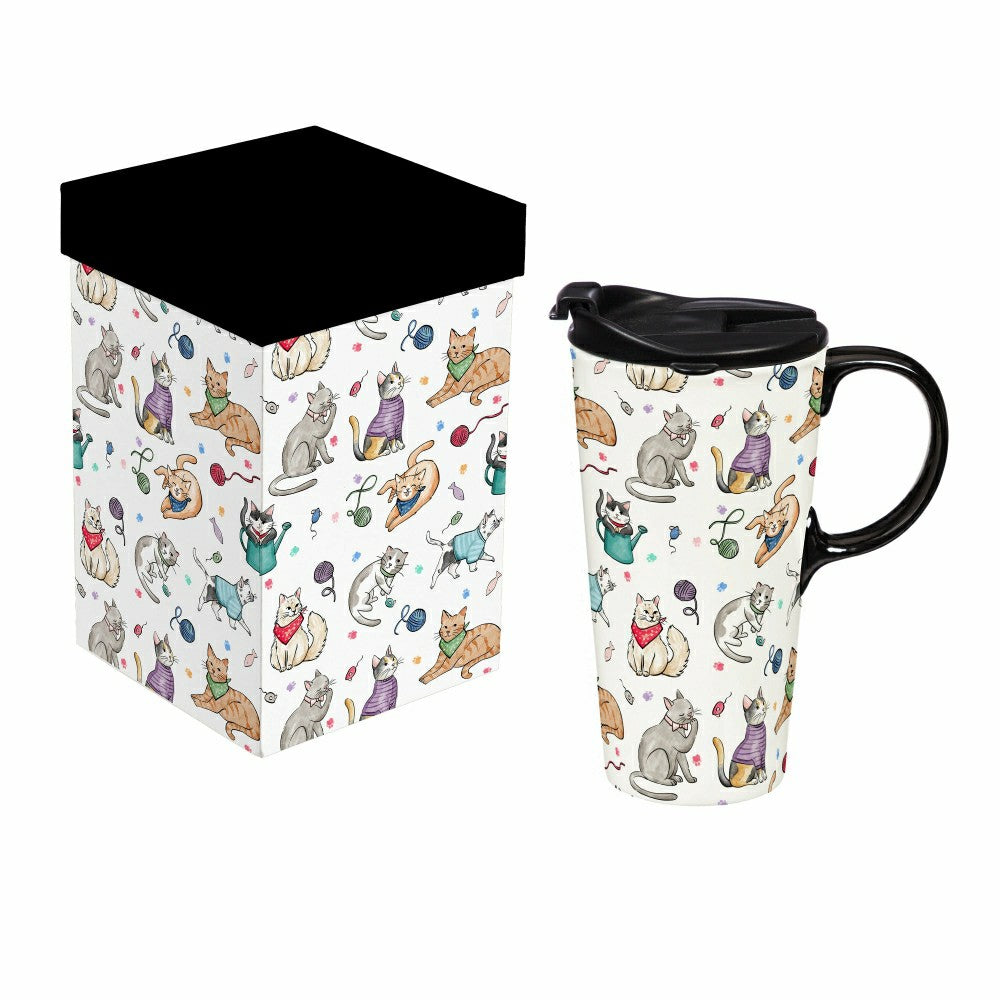 Plow & Hearth Hillside Pasture Pet Travel Cup Ceramic Perfect Cup, Cats Playing, 17o
