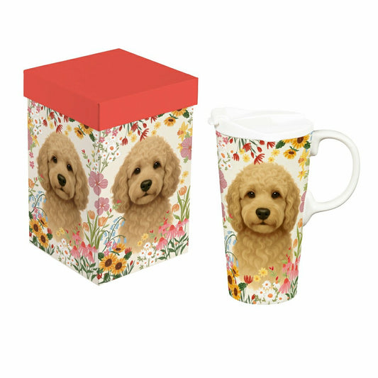Plow & Hearth Hillside Pasture Pet Travel Cup Ceramic Perfect Cup, Golden Doodle Dog