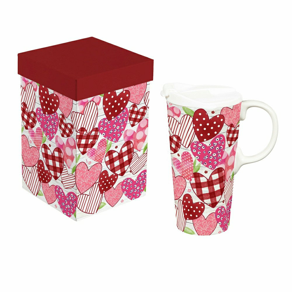 Plow & Hearth Heart Of The Home Travel Cup Ceramic Perfect Cup, Scattered Hearts, 17
