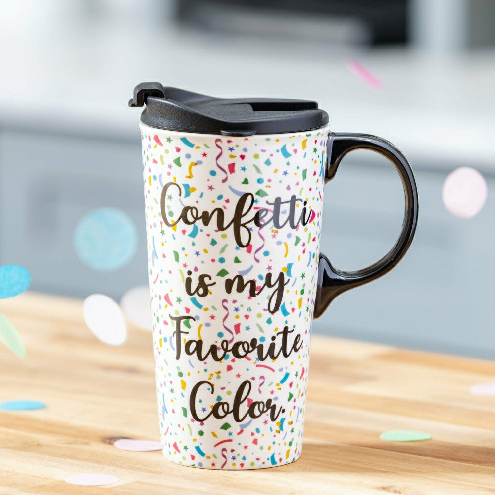 Plow & Hearth This Calls For Cake Travel Cup Ceramic Perfect Cup, Confetti, 17oz, Gi