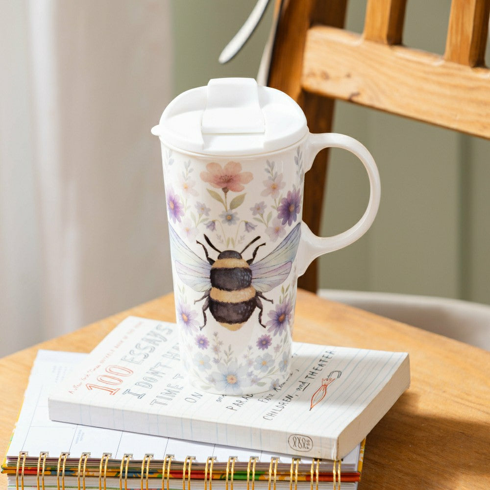 Plow & Hearth Cottage Garden Travel Cup Ceramic Perfect Cup, Floral Bee, 17oz, Gift