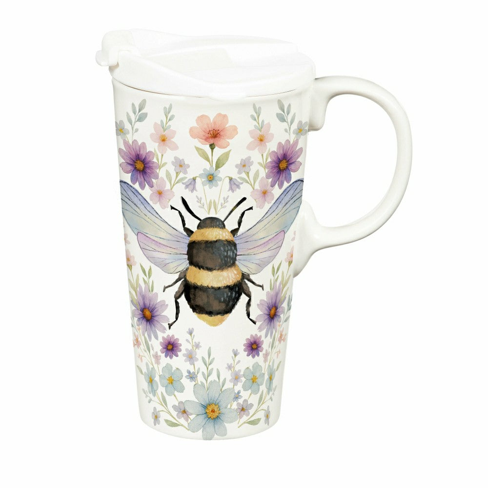 Plow & Hearth Cottage Garden Travel Cup Ceramic Perfect Cup, Floral Bee, 17oz, Gift