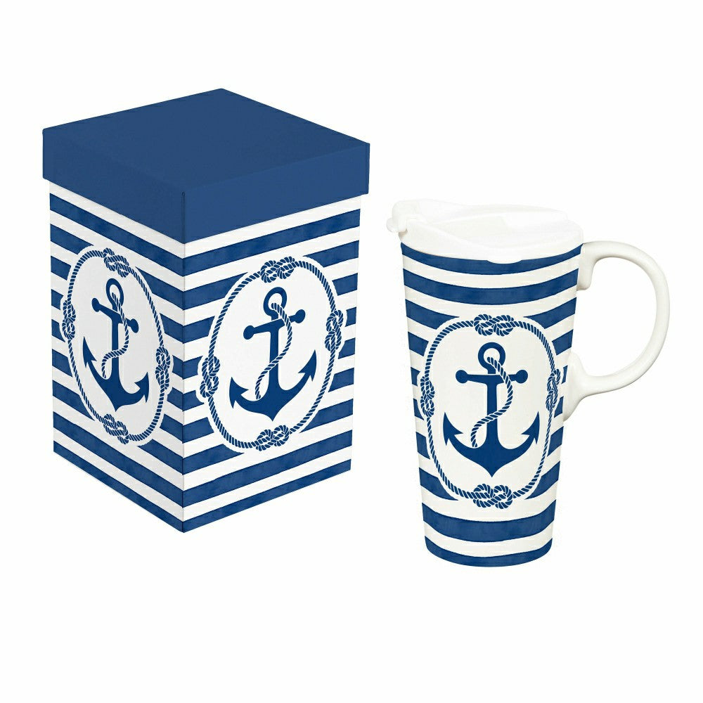 Plow & Hearth Seaside Retreat Travel Cup Ceramic Perfect Cup, Anchor, 17oz, Gift Box