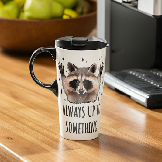 Plow & Hearth Just for Laughs Travel Cup Ceramic Perfect Cup, Raccoon, 17oz, Gift Bo
