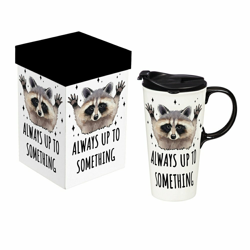Plow & Hearth Just for Laughs Travel Cup Ceramic Perfect Cup, Raccoon, 17oz, Gift Bo