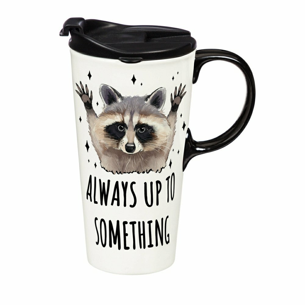 Plow & Hearth Just for Laughs Travel Cup Ceramic Perfect Cup, Raccoon, 17oz, Gift Bo