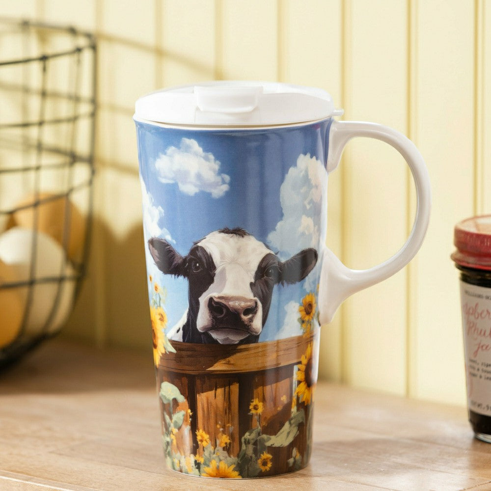 Plow & Hearth Hillside Pasture Travel Cup Ceramic Perfect Cup, Cow Behind Fence, 17o