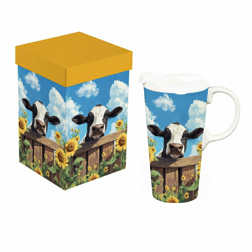 Plow & Hearth Hillside Pasture Travel Cup Ceramic Perfect Cup, Cow Behind Fence, 17o