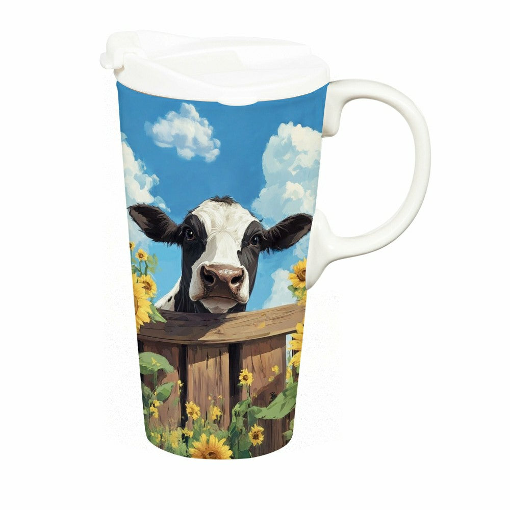 Plow & Hearth Hillside Pasture Travel Cup Ceramic Perfect Cup, Cow Behind Fence, 17o