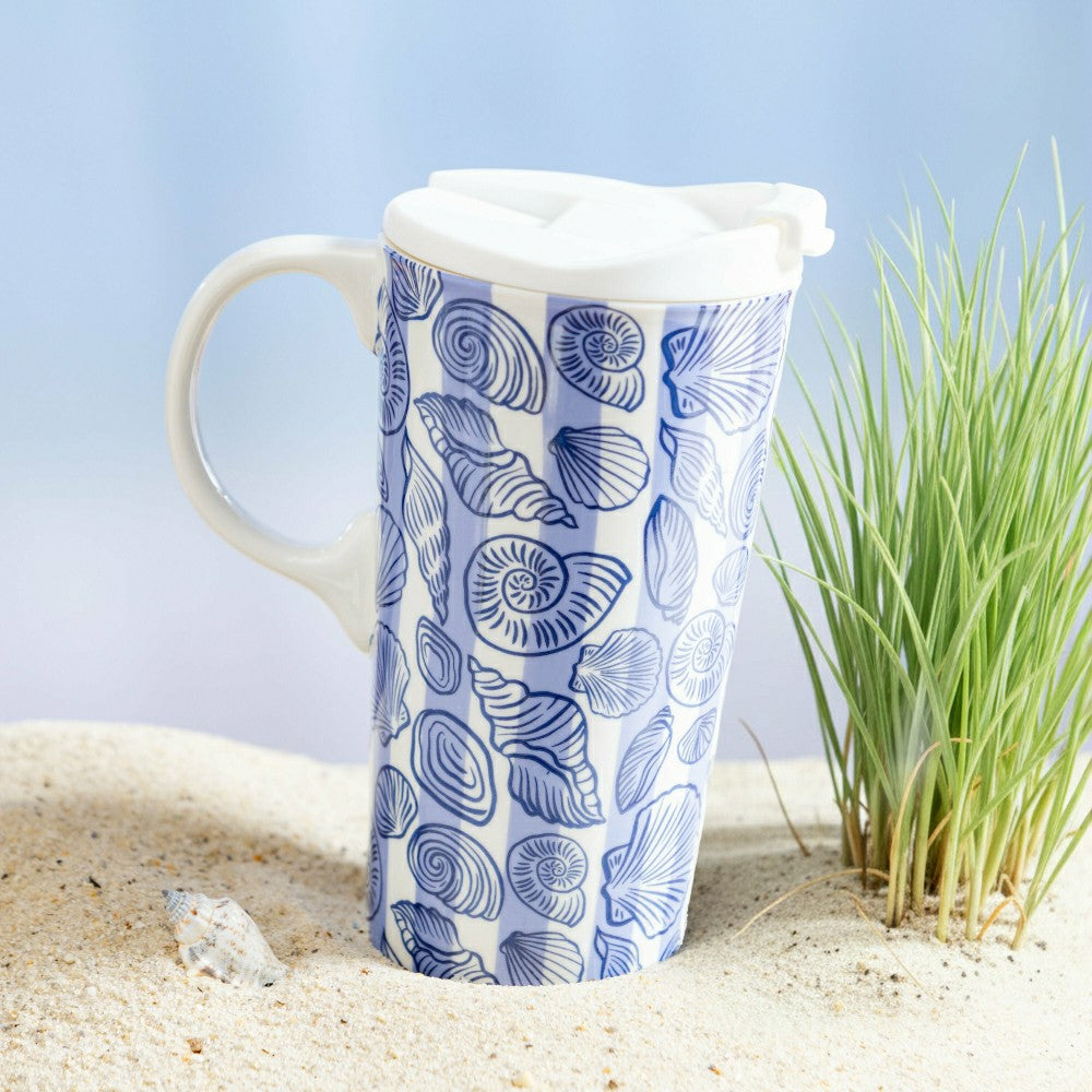 Plow & Hearth Seaside Retreat Travel Cup Ceramic Perfect Cup, 17oz, Gift Box