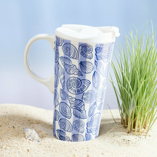 Plow & Hearth Seaside Retreat Travel Cup Ceramic Perfect Cup, 17oz, Gift Box