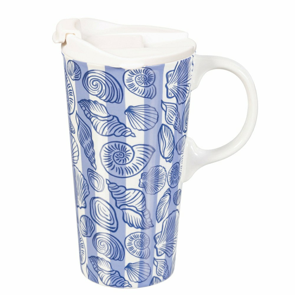 Plow & Hearth Seaside Retreat Travel Cup Ceramic Perfect Cup, 17oz, Gift Box