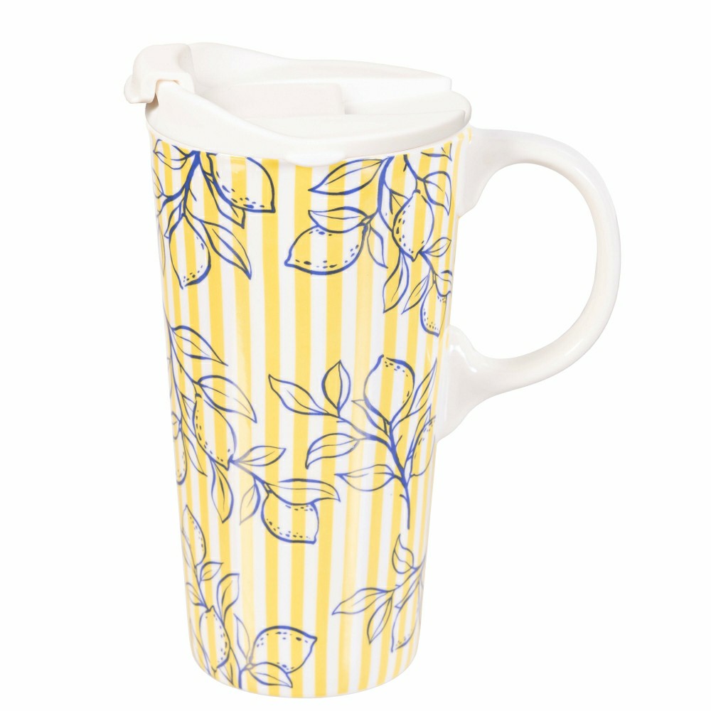 Plow & Hearth Seaside Retreat Travel Cup Ceramic Perfect Cup, 17oz, Gift Box