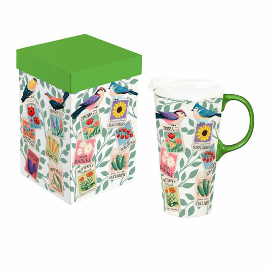 Plow & Hearth Cottage Garden Travel Cup Ceramic Perfect Cup, Colorful Birds, 17oz, G