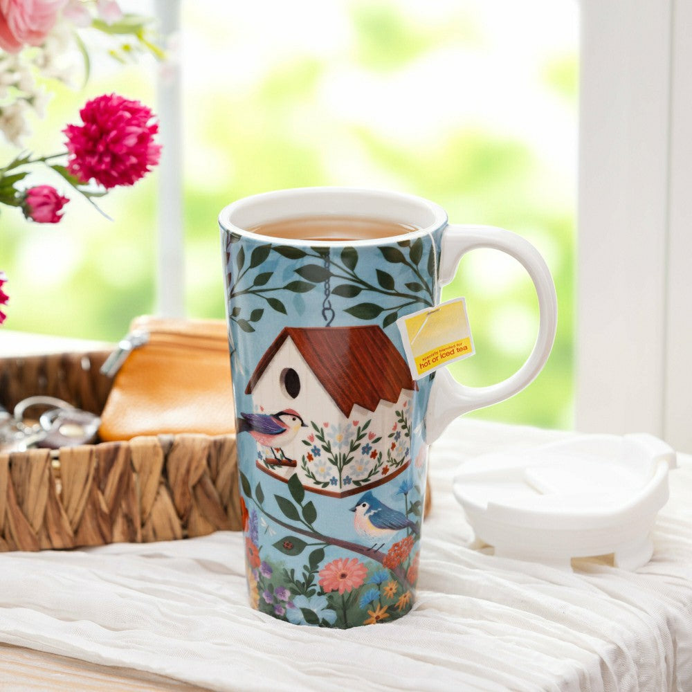 Plow & Hearth Cottage Garden Travel Cup Ceramic Perfect Cup, Birdhouse, 17oz, Gift B