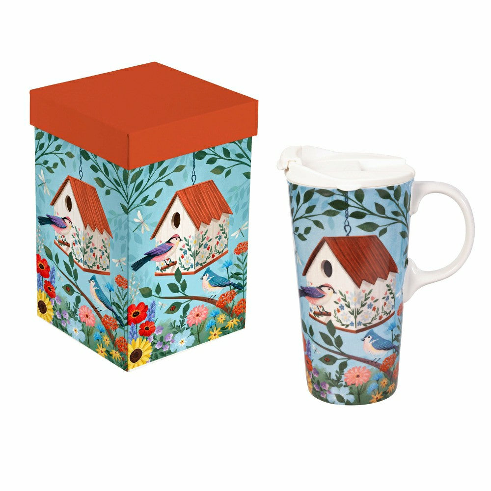 Plow & Hearth Cottage Garden Travel Cup Ceramic Perfect Cup, Birdhouse, 17oz, Gift B