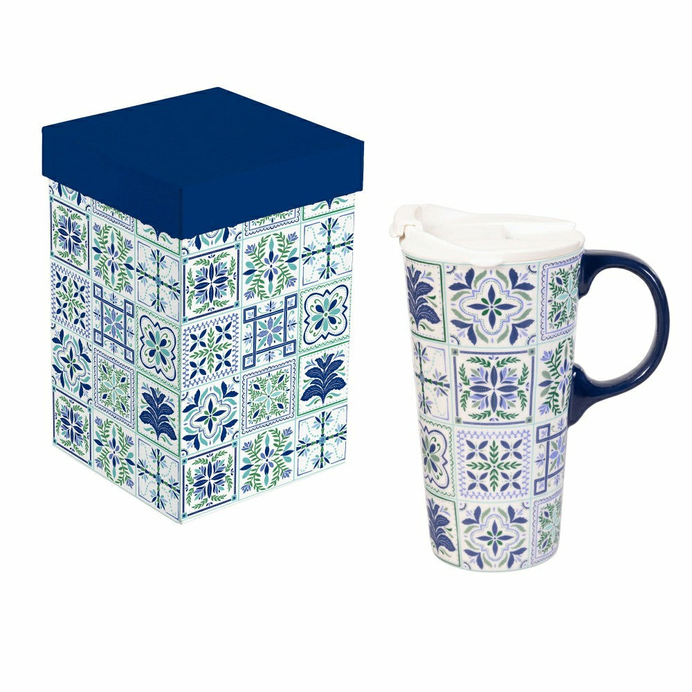Plow & Hearth Seaside Retreat Travel Cup Ceramic Perfect Cup, Floral Tiles, 17oz, Gi