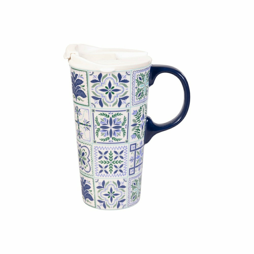 Plow & Hearth Seaside Retreat Travel Cup Ceramic Perfect Cup, Floral Tiles, 17oz, Gi