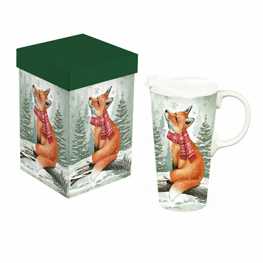 Plow & Hearth Winter Grove Travel Cup Ceramic Perfect Cup, Fox, 17oz, Gift Box