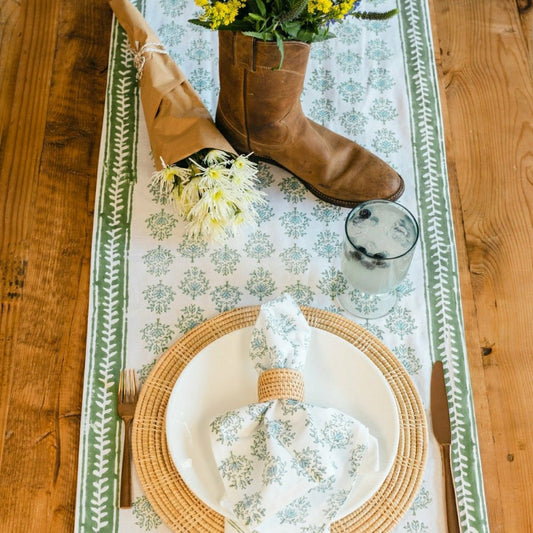 Plow & Hearth Table Runner - Lotus, Sage & Uniform Blue